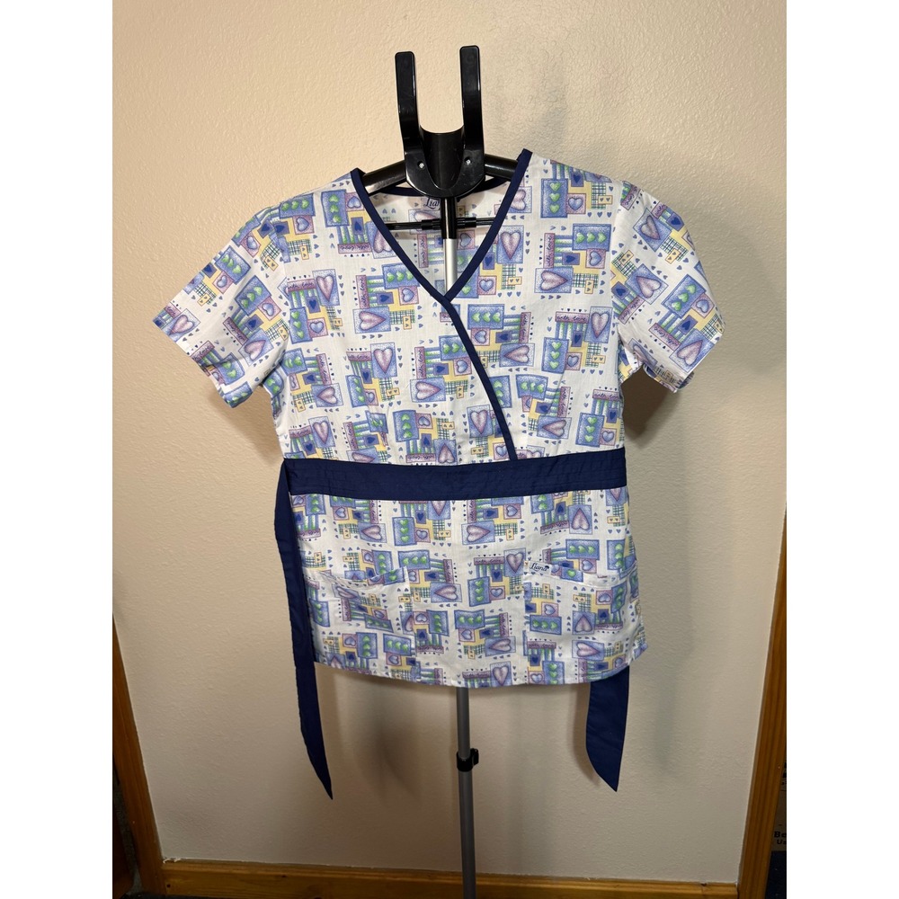 Lot of 3 Womens Scrub Tops Liano Heart Print Floral Peace Sign V-Neck Bundle